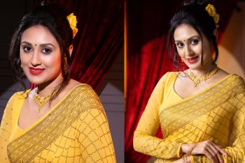 হলুদ শাড়িতে লাস্যময়ী কুসুম শিকদার